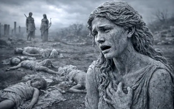 mitolojide Niobe’nin çocuklarının Apollon ve Artemis tarafından öldürülmesi ve taş kesilme sahnesi